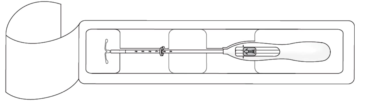 Visual representation of Step 1 for opening the Mirena® IUD package